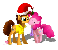 Size: 3500x3000 | Tagged: safe, artist:mimijuliane, cheese sandwich, pinkie pie, earth pony, pony, cheesepie, christmas, clothes, eyes closed, female, hat, holiday, holly, holly mistaken for mistletoe, kissing, male, mistleholly, mistletoe, santa hat, scarf, shipping, simple background, straight, transparent background