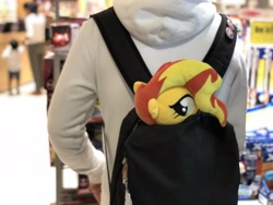 Size: 2048x1536 | Tagged: safe, photographer:nightietime, sunset shimmer, human, equestria girls, equestria girls (movie), bag, irl, peeking, photo, plushie, soon