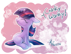 Size: 933x712 | Tagged: safe, artist:chingilin, derpibooru import, twilight sparkle, unicorn twilight, pony, unicorn, blank flank, cute, dialogue, eyes closed, female, filly, filly twilight sparkle, floppy ears, foal, looking back, sitting, smiling, solo, twiabetes, white outline, younger