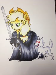 Size: 2448x3264 | Tagged: safe, artist:catscratchpaper, applejack, winona, earth pony, pony, filly, game of thrones, ghost (got), jon snow, traditional art