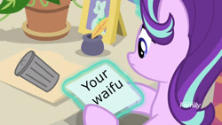 Size: 1920x1080 | Tagged: safe, edit, edited screencap, screencap, phyllis, starlight glimmer, pony, unicorn, a horse shoe-in, discovery family logo, female, mare, photo, trash can, your waifu is trash