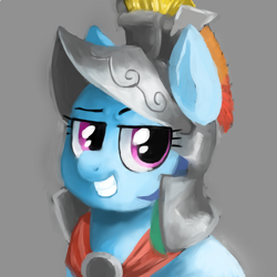 Size: 1000x1000 | Tagged: safe, artist:jp_np133, artist:kogarasumaru24, derpibooru import, rainbow dash, pegasus, pony, bust, helmet, portrait, simple background, smiling, smirk, solo