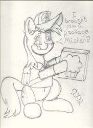Size: 1700x2338 | Tagged: safe, artist:2tailedderpy, derpy hooves, pegasus, pony, belly button, cutie mark, ear fluff, food, mailmare, muffin, sitting, solo, tongue out, traditional art