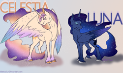 Size: 1024x613 | Tagged: safe, artist:mattsykun, princess celestia, princess luna, alicorn, classical unicorn, pony, leonine tail