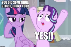 Size: 751x499 | Tagged: safe, edit, edited screencap, screencap, starlight glimmer, twilight sparkle, twilight sparkle (alicorn), alicorn, pony, unicorn, a horse shoe-in, caption, discovery family logo, faic, female, i'm with stupid, image macro, mare, meme, smug, text