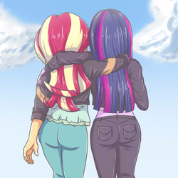 Size: 2952x2952 | Tagged: safe, artist:sumin6301, sunset shimmer, twilight sparkle, equestria girls, ass, away from viewer, bunset shimmer, clothes, female, huhhs, jeans, leather jeans, pants, rear view, twibutt