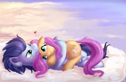 Size: 2361x1540 | Tagged: safe, artist:sapsan, derpibooru import, fluttershy, rainbow dash, soarin', pegasus, pony, blushing, commission, crack shipping, female, floating heart, heart, hug, male, mare, shipping, sky, snuggling, soarinshy, stallion, straight, watching