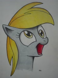 Size: 3120x4160 | Tagged: safe, artist:2387528112, derpy hooves, pegasus, pony, bust, colored pencil drawing, female, mare, open mouth, simple background, smiling, solo, traditional art, white background