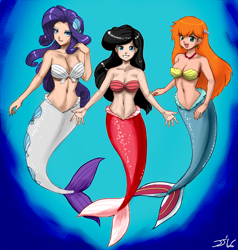 Size: 1500x1575 | Tagged: safe, artist:johnjoseco, color edit, colorist:lanceomikron, edit, rarity, human, mermaid, alternate color palette, ariel, belly button, big breasts, breasts, cleavage, color, colored, crossover, disney, female, humanized, mermaidized, mermarity, midriff, misty (pokémon), pokémon, princess melody, raritits, seashell, the little mermaid
