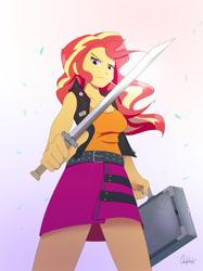 Size: 1197x1600 | Tagged: safe, artist:0ndshok, sunset shimmer, better together, equestria girls, badass, briefcase, clothes, female, looking down, miniskirt, simple background, skirt, solo, sword, weapon, white background