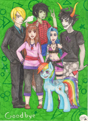 Size: 1634x2263 | Tagged: safe, artist:morishen, derpibooru import, jinx, rainbow dash, adventure time, cigarette, crossover, gamzee makara, homestuck, horo, league of legends, marceline, marshall lee, one piece, smoking, spice and wolf, traditional art, vinsmoke sanji