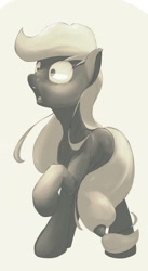 Size: 492x900 | Tagged: safe, artist:phoreen, applejack, earth pony, pony, monochrome, raised hoof, shocked, shrunken pupils, simple background, solo, wide eyes