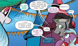 Size: 640x376 | Tagged: safe, artist:andypriceart, edit, idw, king sombra, princess celestia, radiant hope, alicorn, pony, unicorn, comic, female, hopebra, male, mare, reformed sombra, shipping, stallion, straight, text edit