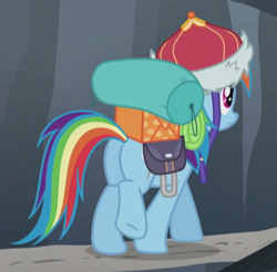 Size: 641x630 | Tagged: safe, derpibooru import, screencap, rainbow dash, pegasus, pony, the lost treasure of griffonstone, cropped, female, hat, mare, mongolian shepherd hat, plot, rainbutt dash, raised leg, solo