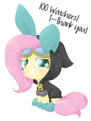 Size: 510x675 | Tagged: safe, artist:avelineh, fluttershy, pegasus, pony, blushing, bunny ears, clothes, costume, cute, dangerous mission outfit, female, goggles, hoodie, looking at you, mare, simple background, smiling, solo, white background