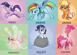 Size: 848x610 | Tagged: safe, artist:elbdot, derpibooru import, edit, applejack, fluttershy, pinkie pie, rainbow dash, rarity, twilight sparkle, earth pony, pegasus, pony, unicorn, babyjack, breeziefied, diaper, female, filly, filly applejack, filly pinkie pie, filly rainbow dash, filly rarity, filly twilight sparkle, mane six, needs more jpeg, younger