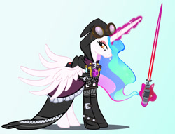 Size: 950x725 | Tagged: safe, artist:pixelkitties, princess celestia, alicorn, pony, clothes, goggles, levitation, lightsaber, looking at you, magic, sith, solo, star wars, telekinesis, weapon