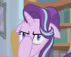 Size: 820x659 | Tagged: safe, screencap, starlight glimmer, pony, unicorn, a horse shoe-in, bookshelf, cropped, facehoof, faic, female, floppy ears, great moments in animation, mare, solo