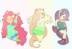 Size: 693x468 | Tagged: safe, artist:milkrainn, fluttershy, pinkie pie, rarity, anthro, equestria girls, ambiguous facial structure