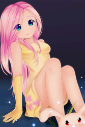 Size: 1200x1800 | Tagged: safe, artist:mohomo, angel bunny, fluttershy, human, clothes, dress, evening gloves, humanized, schrödinger's pantsu, skirt, solo, upskirt