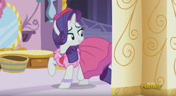 Size: 1531x841 | Tagged: safe, screencap, rarity, pony, unicorn, no second prances, clothes, discovery family logo, dress