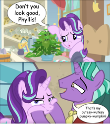 Size: 2160x2436 | Tagged: safe, edit, edited screencap, editor:wild stallions, screencap, firelight, phyllis, starlight glimmer, pony, unicorn, a horse shoe-in, the parent map, fathers gonna father, irony, like father like daughter, meme, speech bubble, starlight glimmer is best facemaker, that's my pony, that's my x