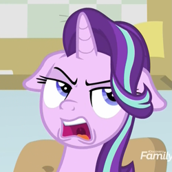 Size: 921x921 | Tagged: safe, screencap, starlight glimmer, pony, unicorn, a horse shoe-in, annoyed, cropped, discovery family logo, disgusted, female, floppy ears, mare, reaction image, solo