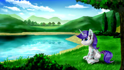 Size: 3200x1800 | Tagged: safe, artist:nekokevin, rarity, pony, robot, robot pony, unicorn, cloud, commission, female, grass, hooves, horn, mare, pond, raribot, sitting, solo, tree, water