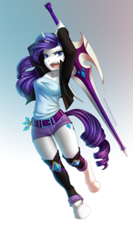Size: 800x1374 | Tagged: safe, artist:jay-kuro, rarity, anthro, unguligrade anthro, unicorn, clothes, female, looking at you, open mouth, shorts, solo, sword, tanktop, weapon