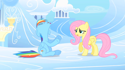 Size: 1280x720 | Tagged: safe, derpibooru import, screencap, fluttershy, rainbow dash, pegasus, pony, sonic rainboom (episode), big no, despair, implied lightning dust, sad