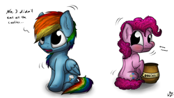 Size: 1024x576 | Tagged: safe, artist:lupiarts, derpibooru import, pinkie pie, rainbow dash, earth pony, pegasus, pony, chest fluff, cookie, cookie jar, cute, dashabetes, dialogue, food