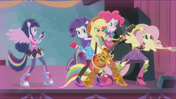 Size: 1680x947 | Tagged: safe, screencap, applejack, fluttershy, pinkie pie, rarity, twilight sparkle, equestria girls, perfect day for fun, rainbow rocks, clothes, high heels, phone, photo, ponied up, stockings, wings