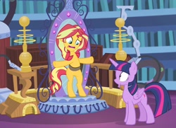 Size: 1340x972 | Tagged: safe, edit, edited screencap, screencap, sunset shimmer, twilight sparkle, twilight sparkle (alicorn), alicorn, pony, unicorn, better together, equestria girls, forgotten friendship, book, failure, human head pony, laboratory, library, mirror, monster, portal, wat, what has science done