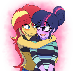 Size: 1914x1879 | Tagged: safe, artist:jase1505, sci-twi, sunset shimmer, twilight sparkle, series:sunlight horizons, equestria girls, blushing, clothes, female, glasses, lesbian, scitwishimmer, shipping, smiling, sunsetsparkle, tanktop