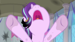 Size: 1600x900 | Tagged: safe, screencap, starlight glimmer, pony, a horse shoe-in, banner, nose in the air, raised hooves, ruined, singed, solo, window, yelling