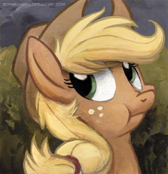 Size: 488x504 | Tagged: safe, artist:kenket, artist:spainfischer, applejack, earth pony, pony, bust, discorded, liar face, liarjack, portrait, scrunchy face, shifty eyes, solo, traditional art