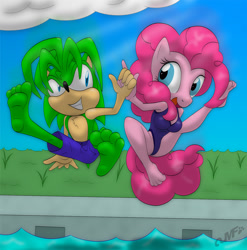 Size: 1500x1518 | Tagged: safe, artist:miniferu, pinkie pie, anthro, plantigrade anthro, clothes, crossover, feet, manic the hedgehog, manicpie, one-piece swimsuit, sonic the hedgehog (series), swimming pool, swimsuit