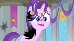 Size: 1598x890 | Tagged: safe, screencap, starlight glimmer, pony, a horse shoe-in, angry, banner, broken, burned, burnt, dirt, lamp, shattered, singed, solo, upset, window