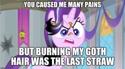 Size: 897x500 | Tagged: safe, edit, edited screencap, screencap, starlight glimmer, pony, a horse shoe-in, angry, banner, broken, burned, burnt, caption, dirt, goth, image macro, lamp, shattered, singed, solo, text, this will end in death, this will end in pain, this will end in tears, this will end in tears and/or death, this will not end well, upset, window