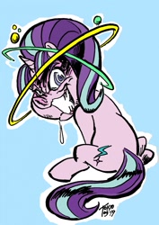 Size: 905x1280 | Tagged: safe, artist:grotezco, starlight glimmer, pony, unicorn, blue background, crazed, dizzy, drool, drool string, drunklight glimmer, evil grin, grin, looking at you, looking back, looking back at you, madness, nightmare fuel, simple background, sitting, smiling, this will end in communism, trauma