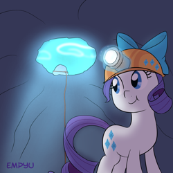 Size: 1000x1000 | Tagged: safe, artist:empyu, rarity, pony, unicorn, gauntlet of fire, :t, bow, cute, helmet, mining helmet, raribetes, solo