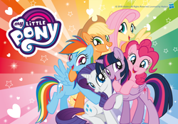 Size: 1600x1118 | Tagged: safe, derpibooru import, applejack, fluttershy, pinkie pie, rainbow dash, rarity, twilight sparkle, twilight sparkle (alicorn), alicorn, earth pony, pegasus, pony, unicorn, group hug, hug, mane six, my little pony logo, official, smiling