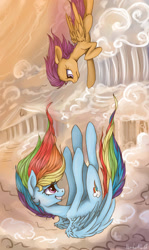 Size: 1024x1722 | Tagged: safe, artist:vanderlin-trav, derpibooru import, rainbow dash, scootaloo, pegasus, pony, cloudsdale, falling, flying