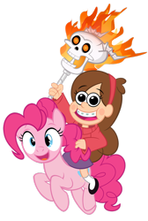 Size: 800x1193 | Tagged: safe, artist:pixelkitties, pinkie pie, human, crossover, fire, gravity falls, humans riding ponies, mabel pines, simple background, skull, transparent background