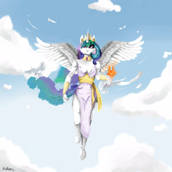 Size: 5000x5000 | Tagged: safe, artist:kotofoney, princess celestia, anthro, bird, dove, unguligrade anthro, absurd resolution, clothes, dress, fire, flying, side slit, solo