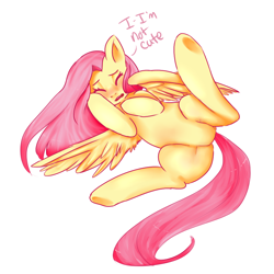 Size: 1000x1000 | Tagged: safe, artist:glitchyraptor, fluttershy, pegasus, pony, blatant lies, blushing, cute, featureless crotch, i'm not cute, lying, lying down, shyabetes, solo, underhoof