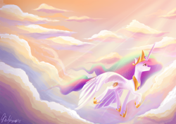 Size: 1400x988 | Tagged: safe, artist:maltese101, princess celestia, alicorn, pony, cloud, crepuscular rays, female, flying, mare, profile, sky, solo, spread wings, wings