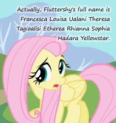 Size: 680x720 | Tagged: safe, edit, edited screencap, screencap, fluttershy, pegasus, pony, friendship is magic, acronym, insane pony thread, overly long name, solo