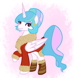 Size: 1076x1119 | Tagged: safe, artist:tanmansmantan, princess celestia, alicorn, pony, alternate hairstyle, boots, bun, clothes, coat, heart eyes, solo, wingding eyes