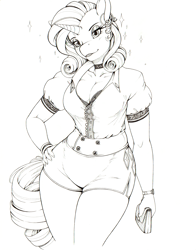 Size: 1636x2087 | Tagged: safe, artist:longinius, rarity, anthro, unicorn, big breasts, breasts, choker, cleavage, clothes, ear piercing, earring, female, hand on hip, hips, jewelry, looking at you, mare, monochrome, piercing, shorts, simple background, sketch, solo, thighs, tight clothing, white background, wide hips